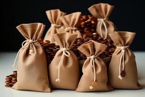 tiny money bag, isolated, minimalistic, high angle view, light background. photo