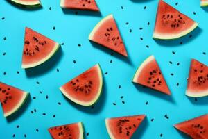 watermelon slices surrounded by coffee soaked seeds on a blue background. AI Generated photo