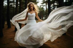 whirling bride holding veil skirt of wedding dress at pine forest. AI Generated photo