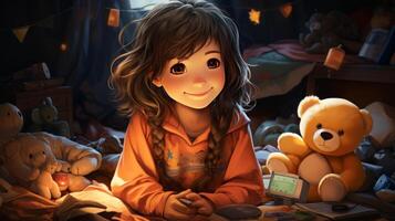 A kid setting in her room, having fun playing a game on her smartphone. AI Generated photo