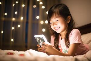 A kid setting in her room, having fun playing a game on her smartphone. AI Generated photo