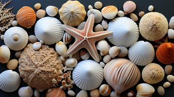 beach finds small seashells, fossil coral and sand dollars, puka shells, a sea urchin and a white starfish. photo