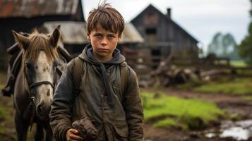 niño en un caballo rancho con un casa. ai generado foto