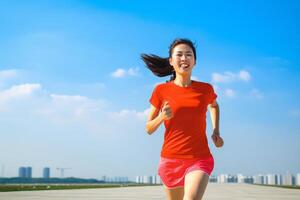 Chinese woman, aged 25, running outdoors, with a sense of training, enthusiasm, happiness, and blue sky. photo