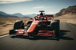 close up a formula 1 car at full speed on a racing circuit. AI Generated photo