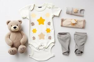 Cute baby clothes for boy and girl, rattle, bottle and dummy space in the middle, on white background top view. AI Generated photo