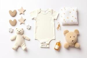 Cute baby clothes for boy and girl, rattle, bottle and dummy space in the middle, on white background top view. AI Generated photo