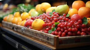 frutas en cesta con frutas en estante en mercado. ai generado foto