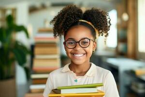 funny smiling Black child school girl with glasses hold books, living room background. AI Generated photo