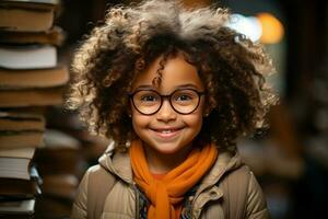 gracioso sonriente negro niño colegio niña con lentes sostener libros, vivo habitación antecedentes. ai generado foto