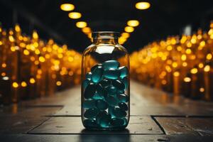 glass bottle with empty pill capsules in the background, in the style of dark teal and gold. AI Generated photo