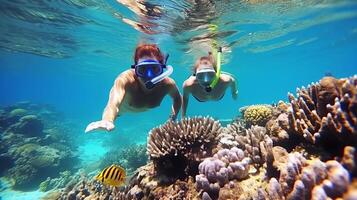 happy couple snorkeling in a wonderful coral reef. AI Generated photo