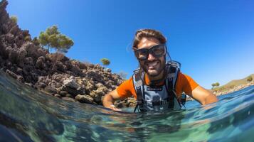 happy couple snorkeling in a wonderful coral reef. photo