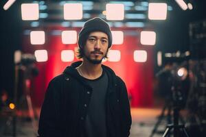 influencer at youtube live, crypto concept, light, minimalistic. photo