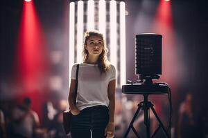 influencer at youtube live, crypto concept, light, minimalistic. photo