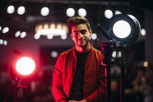 influencer at youtube live, crypto concept, light, minimalistic. photo