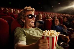 hombre comiendo palomitas de maiz en un película teatro, sentado y comiendo Palomitas. ai generado foto