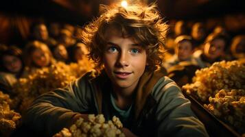 hombre comiendo palomitas de maiz en un película teatro, sentado y comiendo Palomitas. ai generado foto