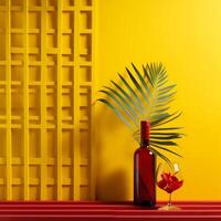 Modern minimalist wine bottle design, flowers exotic, vivid color background. photo