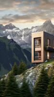 modern style architecture of chic minimalist tiny wooden house at Italian Alps. AI Generated photo