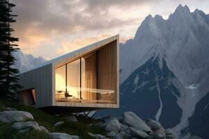 modern style architecture of chic minimalist tiny wooden house at Italian Alps. AI Generated photo