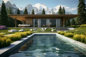 modern style architecture of chic minimalist tiny wooden house at Italian Alps. AI Generated photo