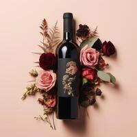 Modern minimalist wine bottle design, flowers exotic, vivid color background. AI Generated photo