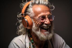 portrait a happy senior man in summer shirt and in wireless headphones dancing. AI Generated photo