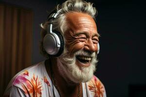 retrato un contento mayor hombre en verano camisa y en inalámbrico auriculares baile. ai generado foto