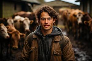 portrait a smiling young farmer in a barn feed cows. photo
