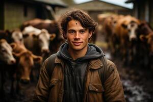 retrato un sonriente joven granjero en un granero alimentar vacas ai generado foto