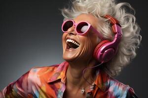 portrait a happy senior woman in wireless headphones dancing, singing. AI Generated photo