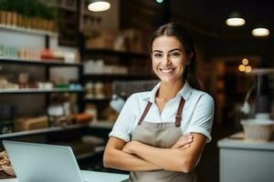 Portrait Cheerful female store owner with a laptop, side view, blurred stationery store background. AI Generated photo