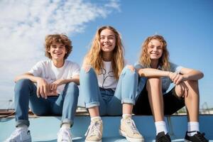 portrait of 3 smiling teenagers wearing jeans and sneakers sitting on the wall, blurred blue sky background. AI Generated photo