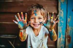 portrait of a funny child boy shows hands dirty with paint. AI Generated photo