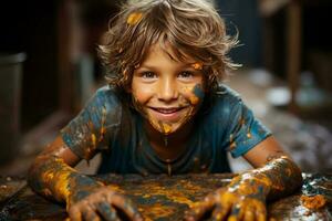 portrait of a funny child boy shows hands dirty with paint. AI Generated photo