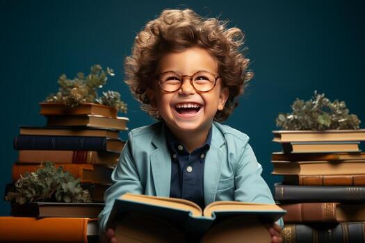 portrait of a happy child little boy with glasses sitting on a stack of books and reading a books. photo