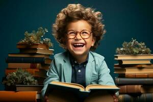 retrato de un contento niño pequeño chico con lentes sentado en un apilar de libros y leyendo un libros. ai generado foto