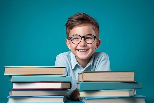 portrait of a happy child little boy with glasses sitting on a stack of books and reading a books, light blue background. photo