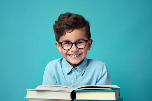portrait of a happy child little boy with glasses sitting on a stack of books and reading a books, light blue background. photo