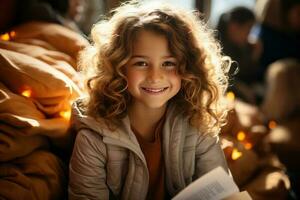 portrait of a happy child little girl with glasses sitting on a stack of books and reading a books. AI Generated photo