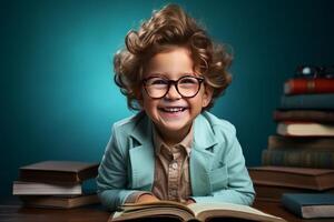 retrato de un contento niño pequeño chico con lentes sentado en un apilar de libros y leyendo un libros. ai generado foto