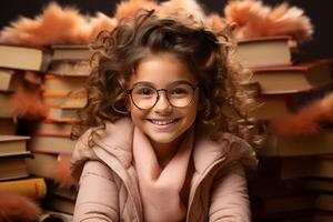 retrato de un contento niño pequeño niña con lentes sentado en un apilar de libros y leyendo un libros. ai generado foto