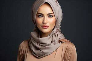 Portrait of a Muslim business woman white background. AI Generated photo