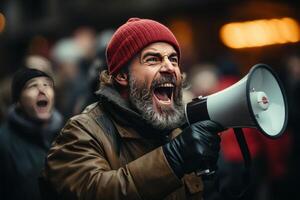 portrait of a man shouts into a megaphone during a protest. photo