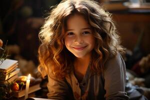 portrait of a happy child little girl with glasses sitting on a stack of books and reading a books. AI Generated photo