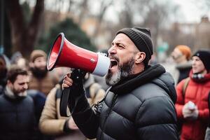 portrait of a man shouts into a megaphone during a protest. AI Generated photo