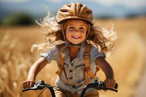 retrato de un pequeño niña montando bicicleta, borroso azul cielo antecedentes. ai generado foto