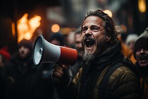 portrait of a man shouts into a megaphone during a protest. AI Generated photo