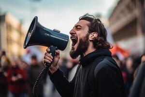 retrato de un hombre gritos dentro un megáfono durante un protesta. ai generado foto